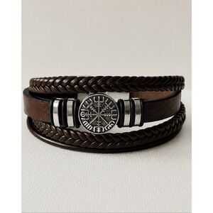 Weathered Viking Vegvísir Compass Bracelet in Brown Vegan Leather, Nordic